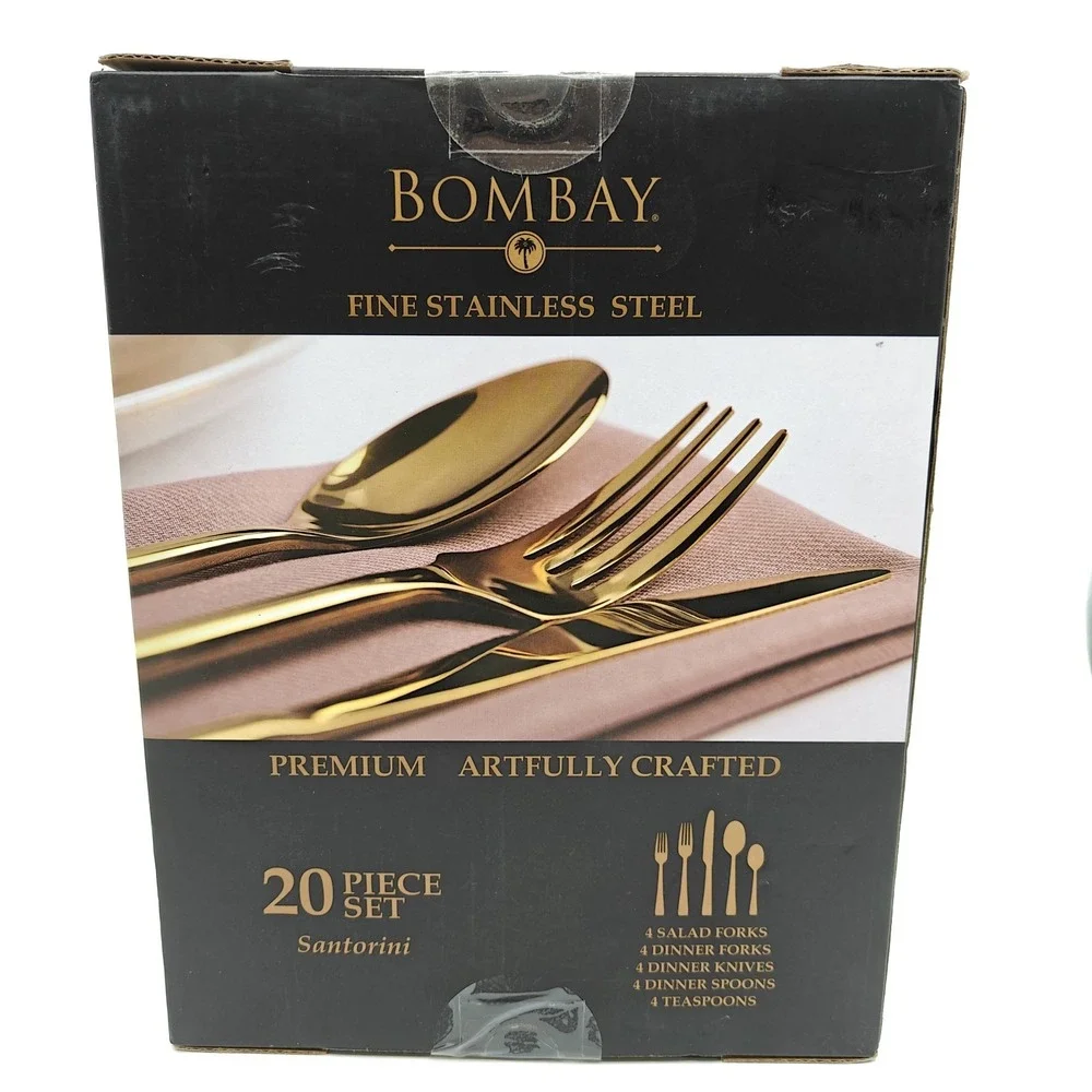 Bombay Santorini 20 Piece Gold Stainless Steel Flatware Set Service for 4 NEW